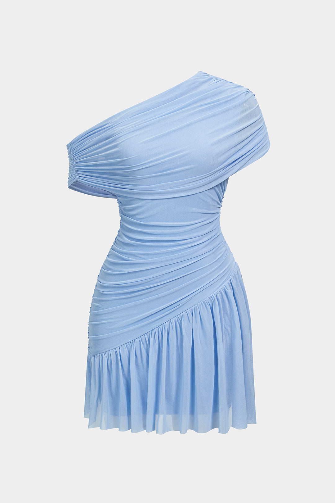 Mesh One Shoulder Asymmetrical Ruched Sleeveless Mini Dress