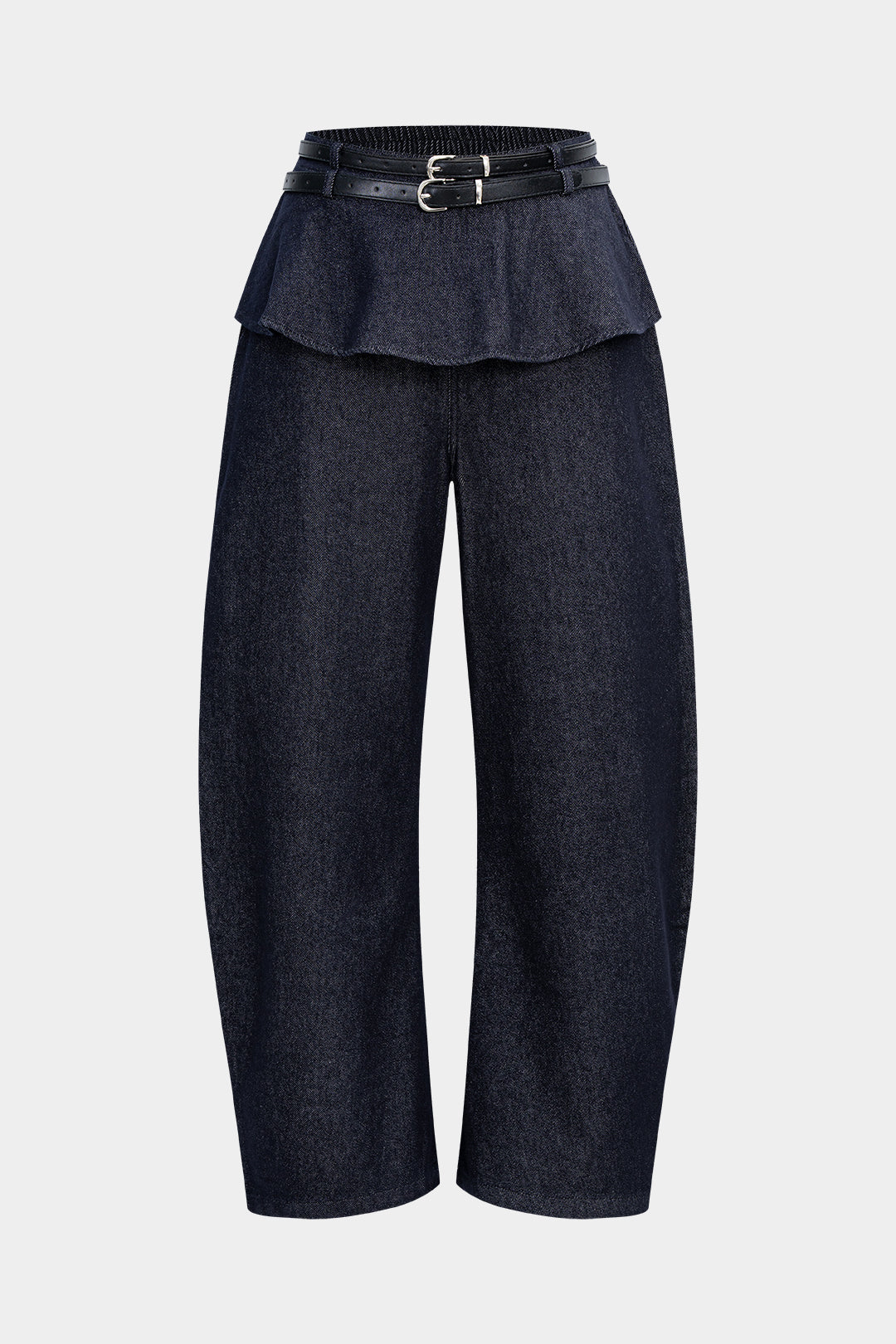 Denim-farkut, vyötärö vyötetty ja rypytetty