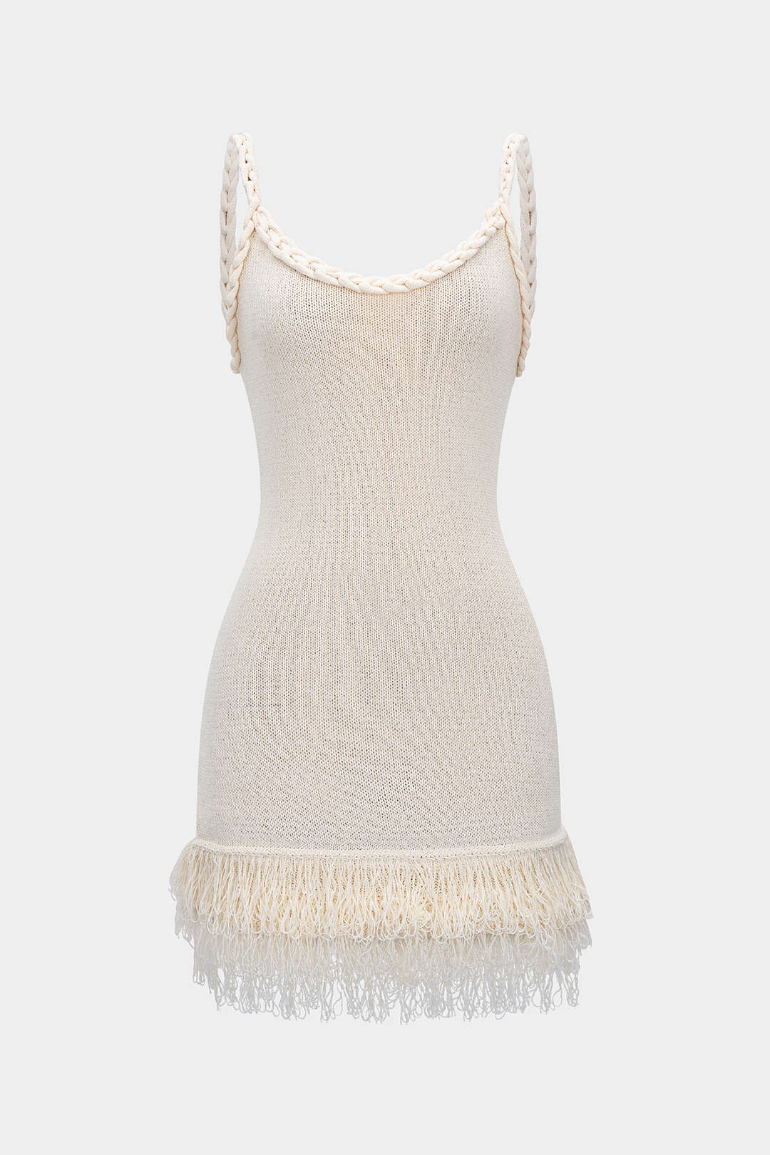 Open Knit Fringe Braided Backless Slip Sleeveless Mini Dress