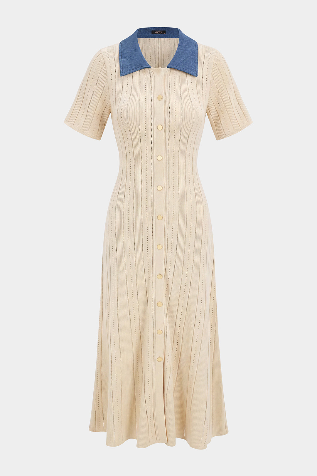 Open Knit Patchwork Denim Lapel Button Short Sleeve Maxi Dress