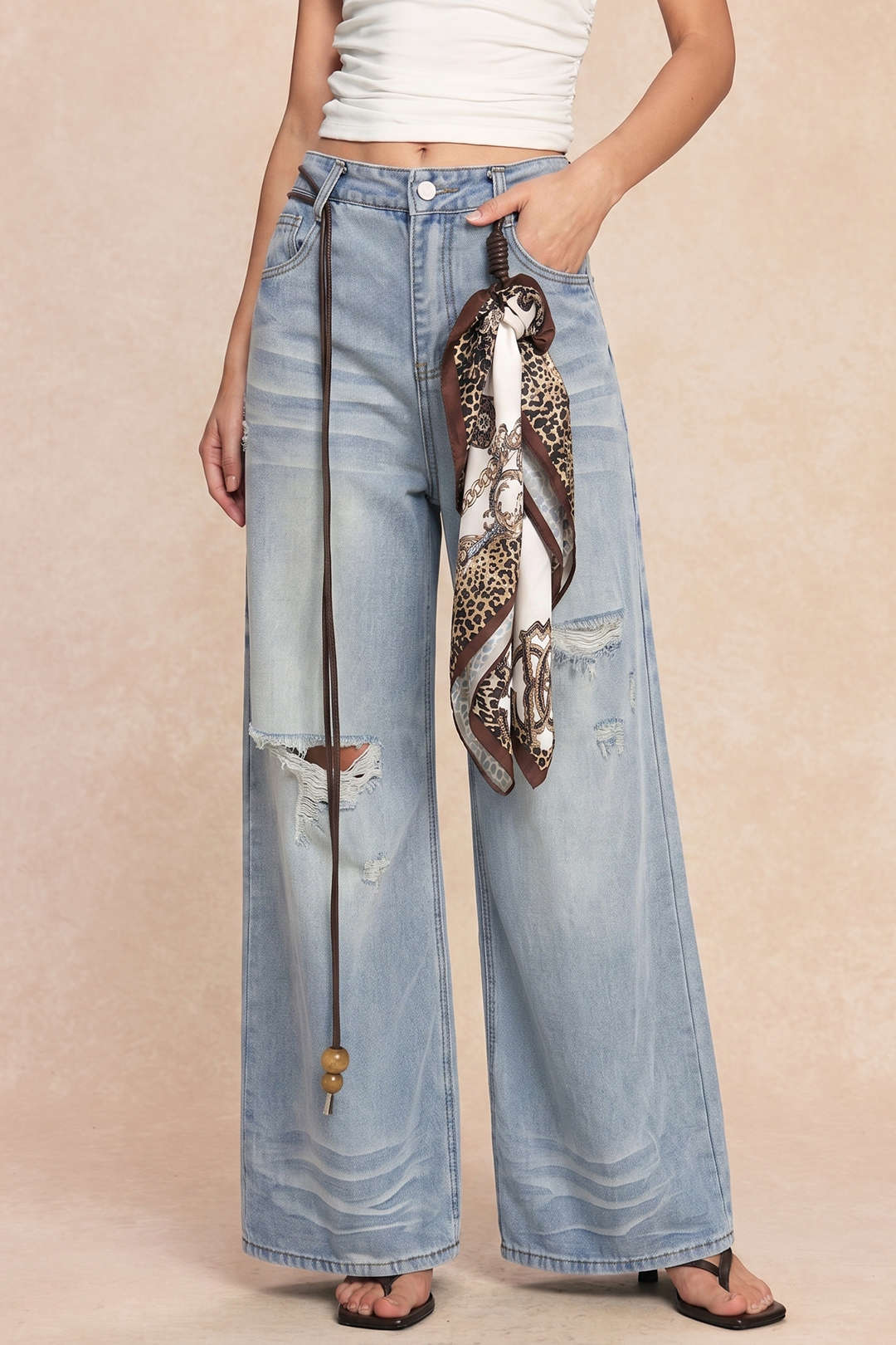Denim High Waist Asymmetrical Belted Wide Leg Jeans