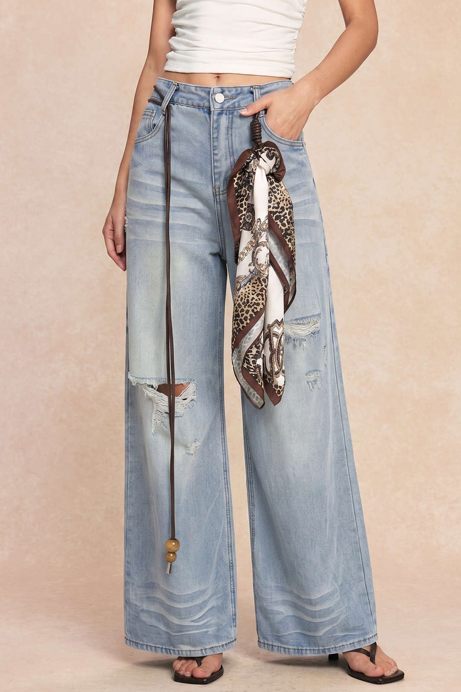 Denim High Waist Asymmetrical Belted Wide Leg Jeans