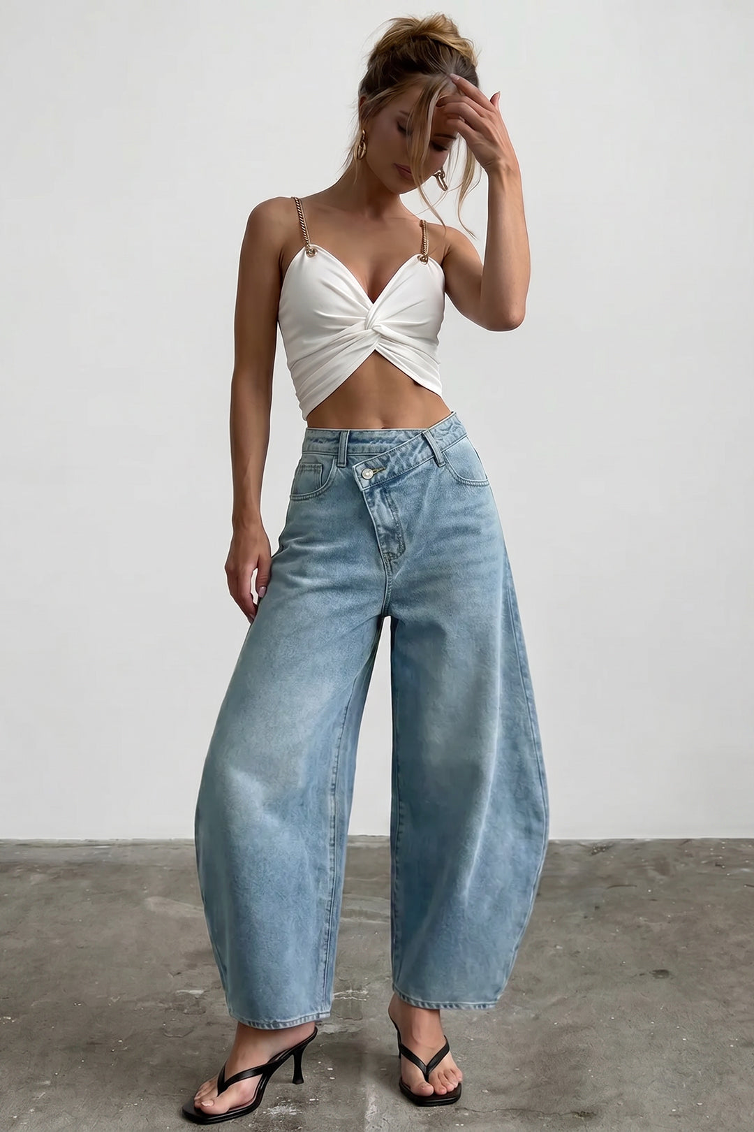 Denim Asymmetrical Button Barrel Jeans