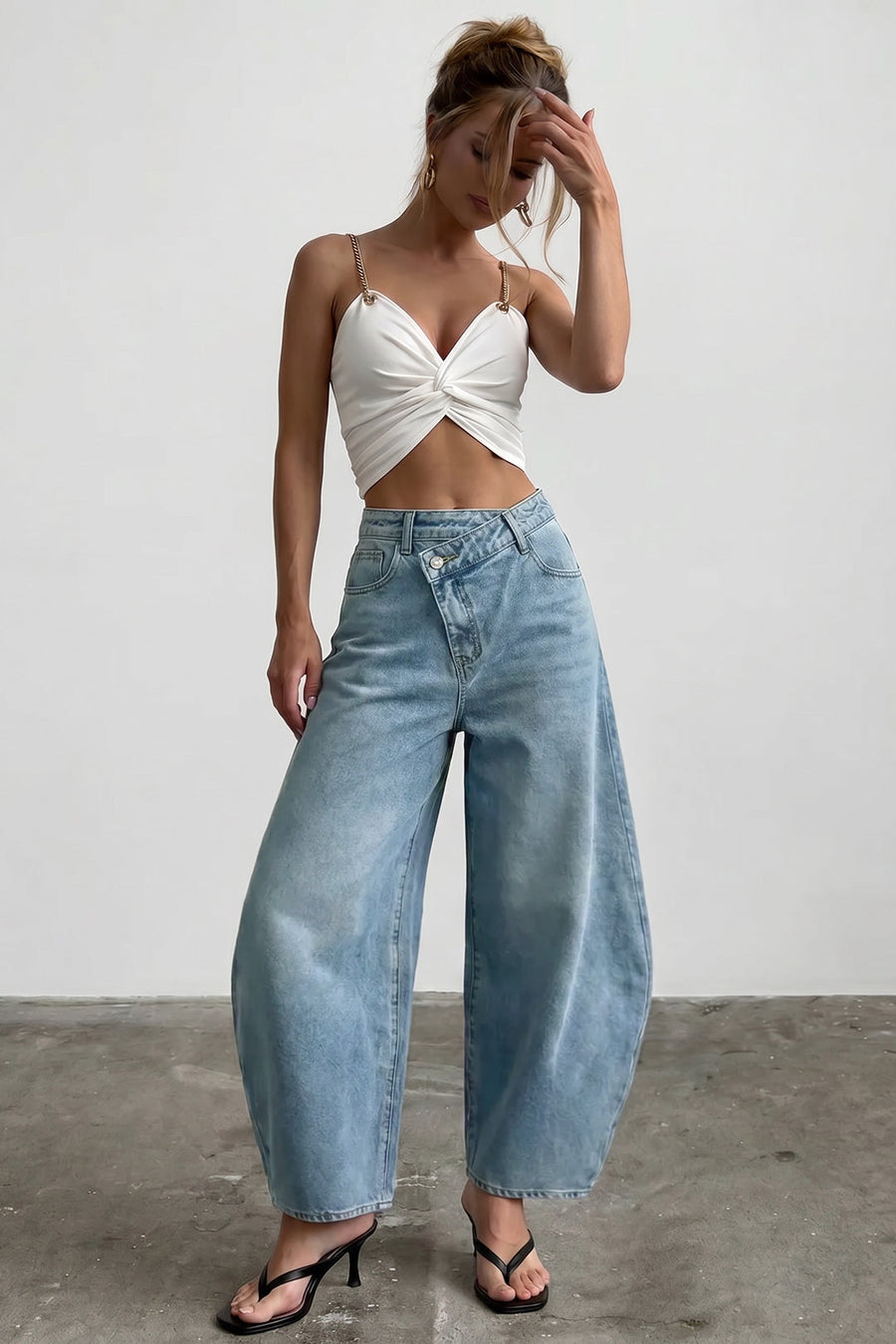 Denim Asymmetrical Button Barrel Jeans