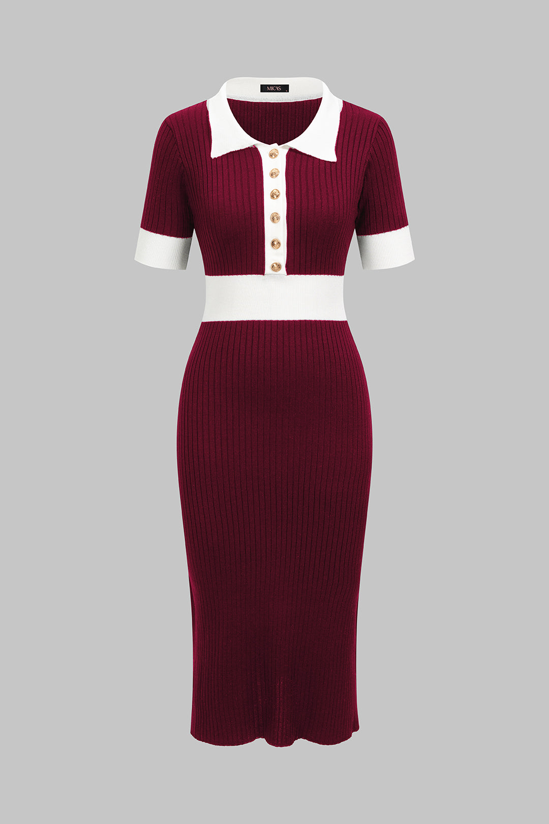 Knit Contrast Polo Collar Button Short Sleeve Midi Dress