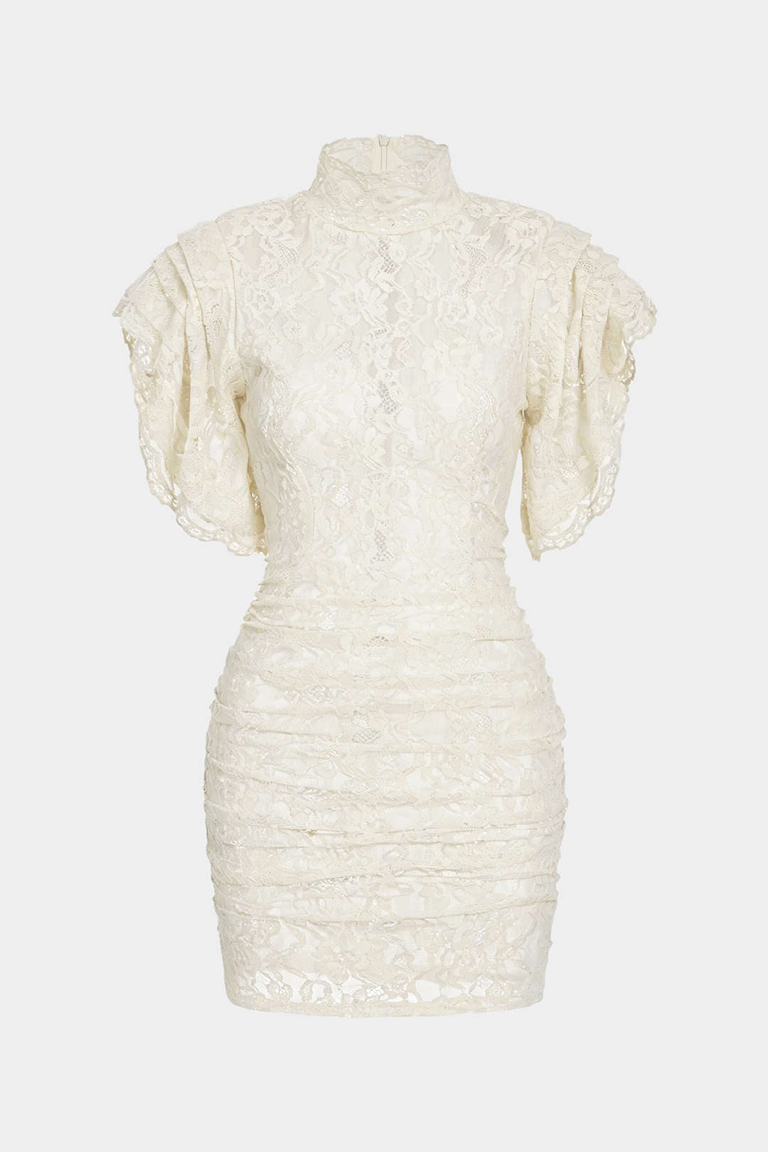 Sheer Lace Mock Neck Ruched Short Sleeve Mini Dress