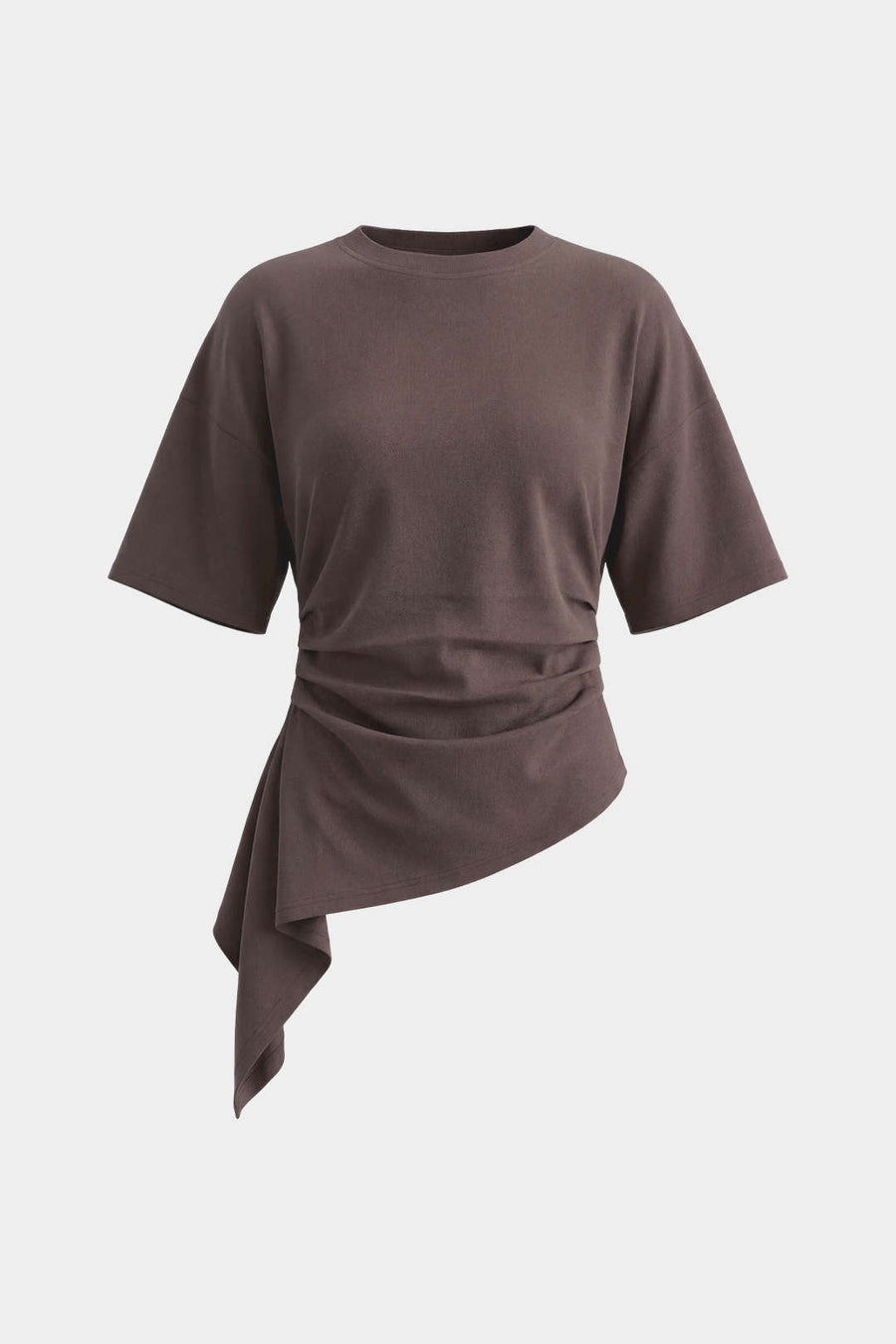 Round Neck Asymmetrical Hem Ruched Short Sleeve T-Shirt