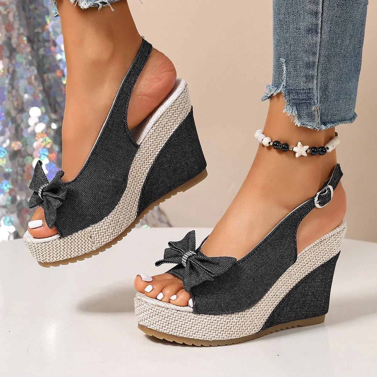 Anna-denim-kiilakorkosandaalit
