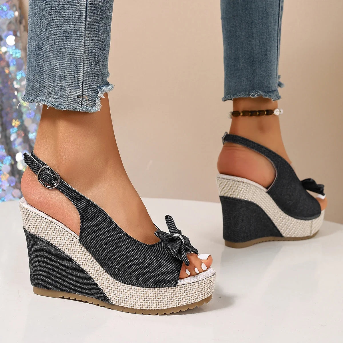 Anna-denim-kiilakorkosandaalit