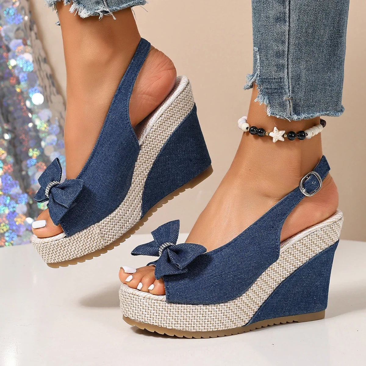 Anna-denim-kiilakorkosandaalit