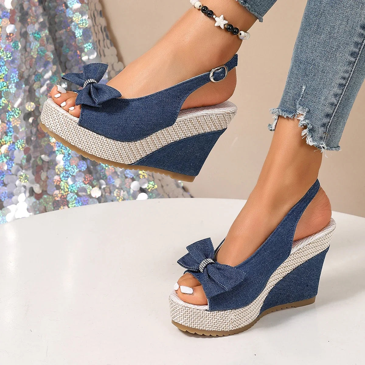 Anna-denim-kiilakorkosandaalit