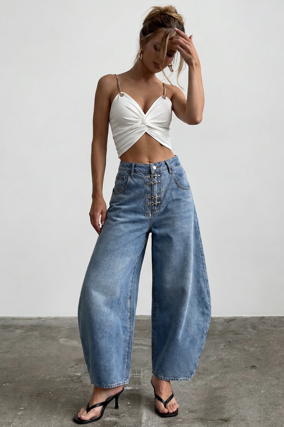Denim Metallic Buckle Wide Leg Jeans