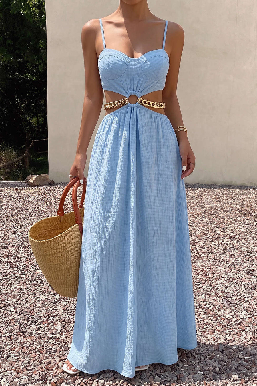 Textured Metallic Chain Cut Out Slip Sleeveless Maxi Dress