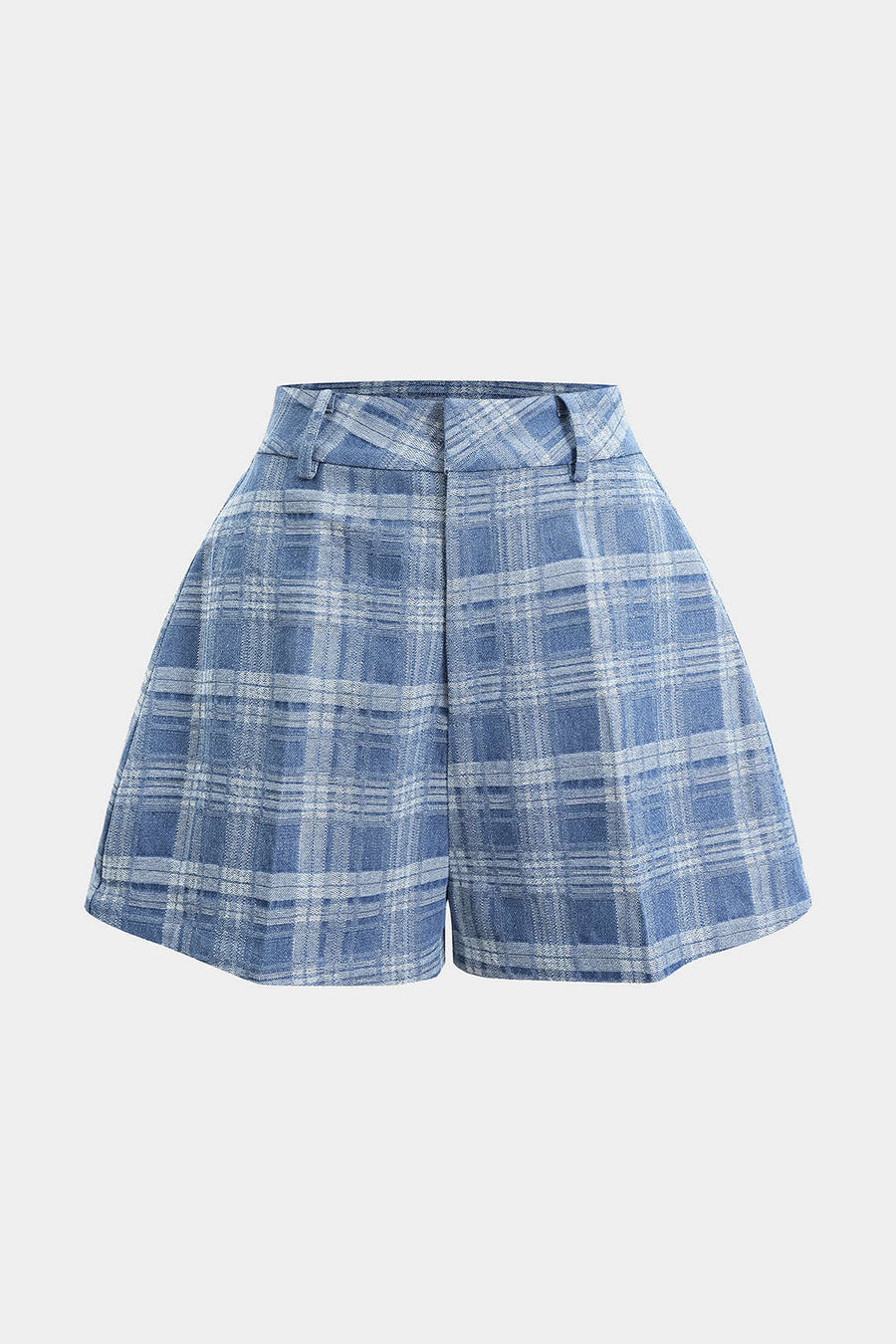 Denim Plaid Print Button Zipper Shorts