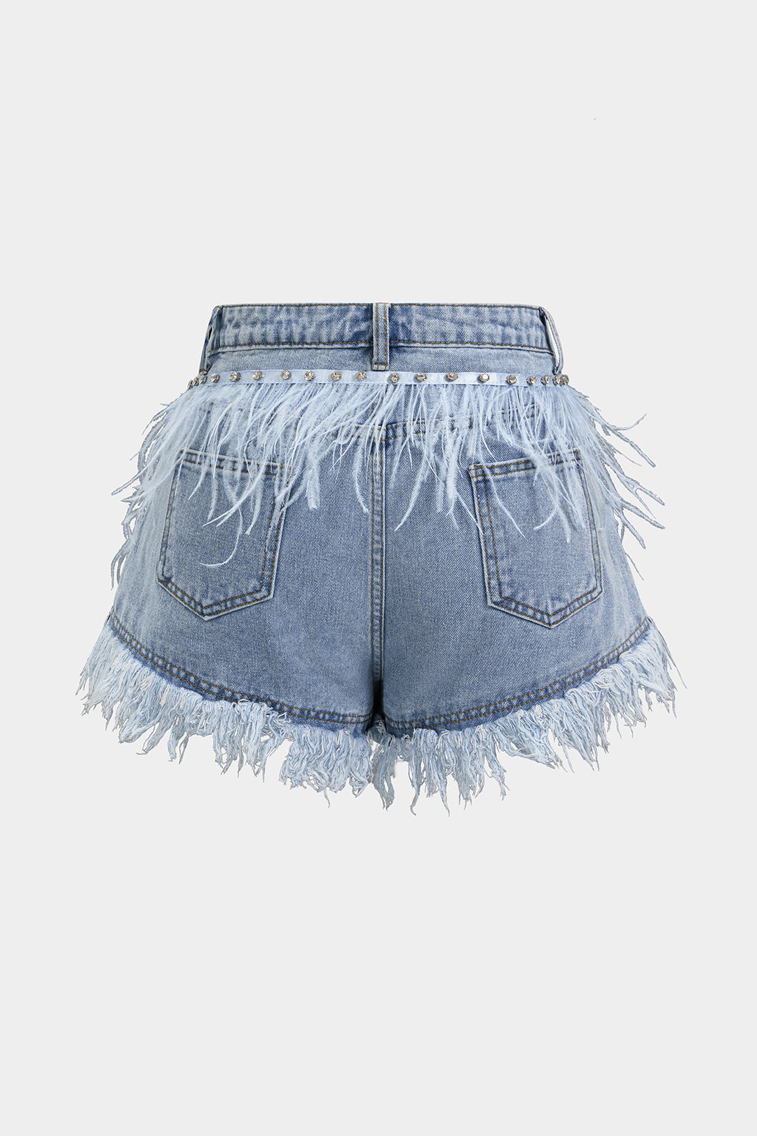 Denim Rhinestone Feather Frayed Wide Leg Shorts