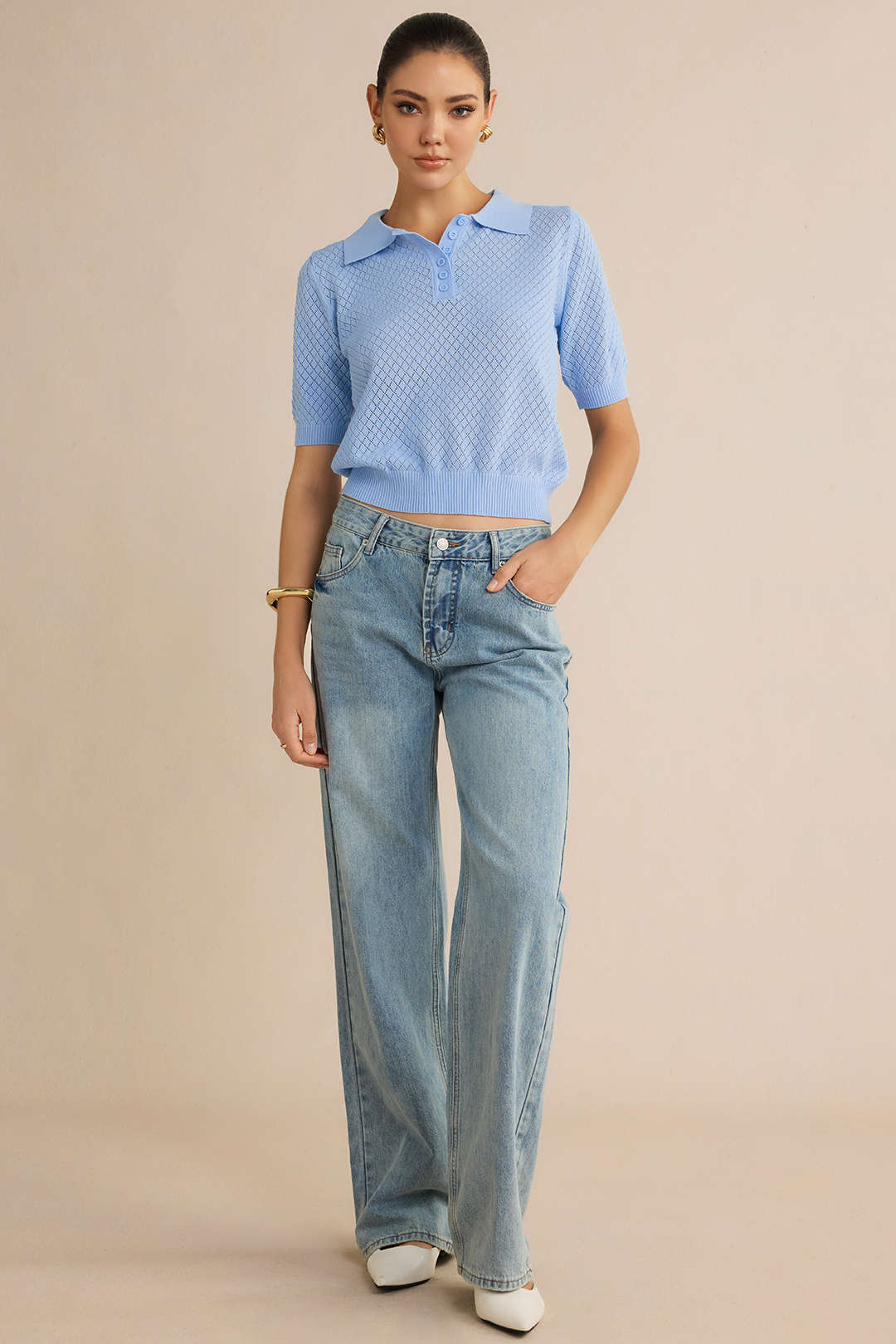 Solid Polo Callor Cut Out Short Sleeve Top