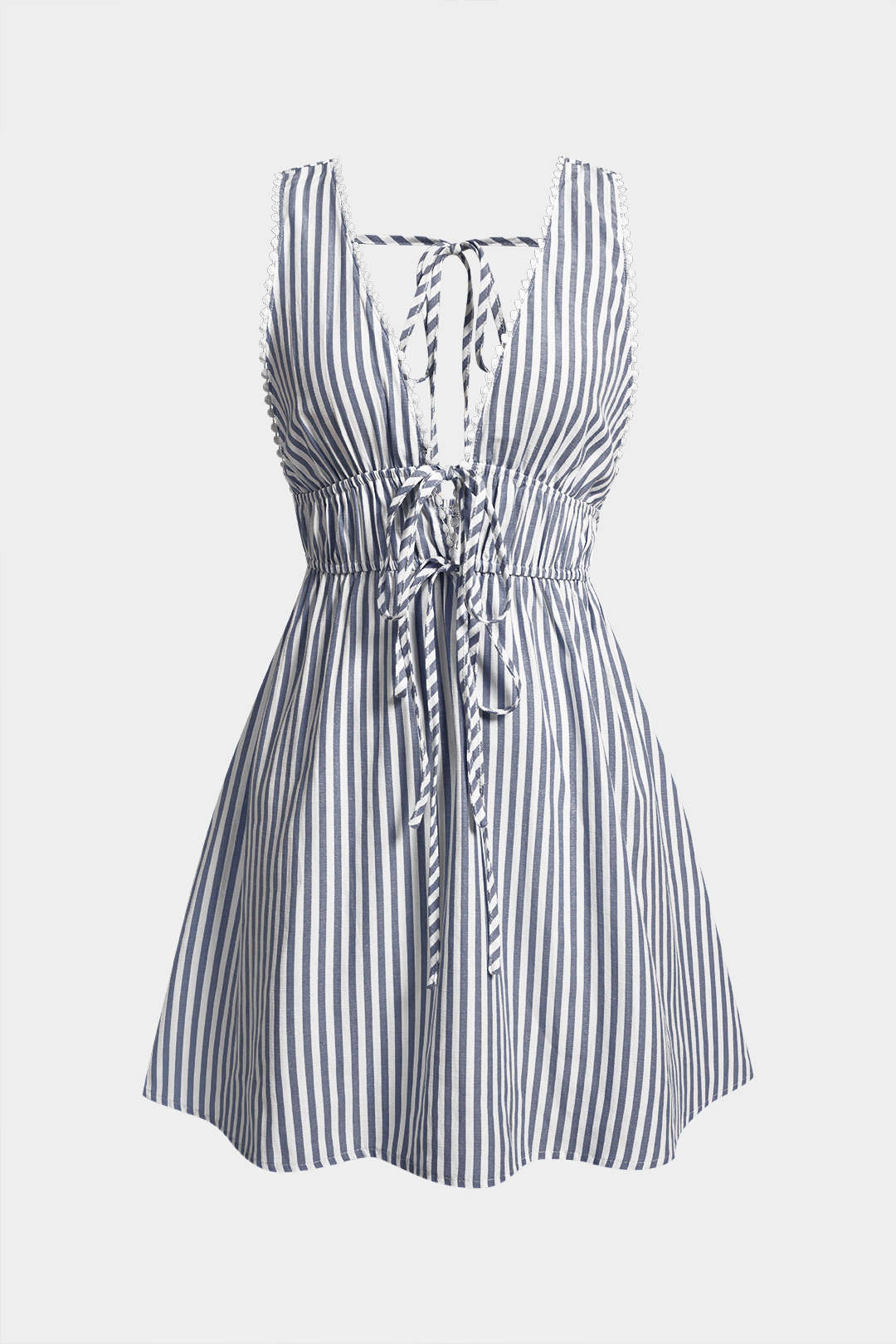 Stripe Print V-Neck Tie-Up Backless Sleeveless Mini Dress