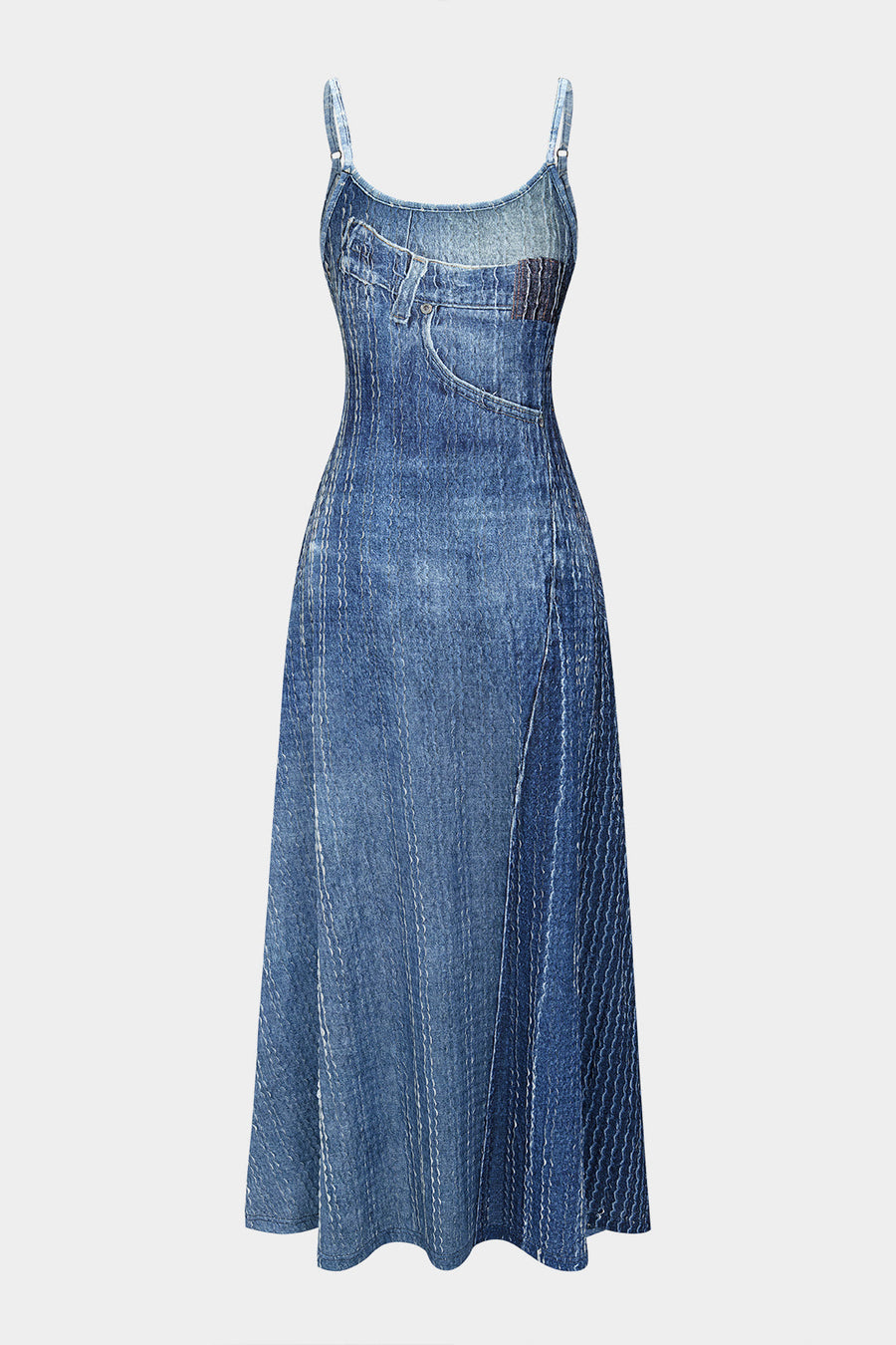 Denim-kuvioinen hihaton maksipuku