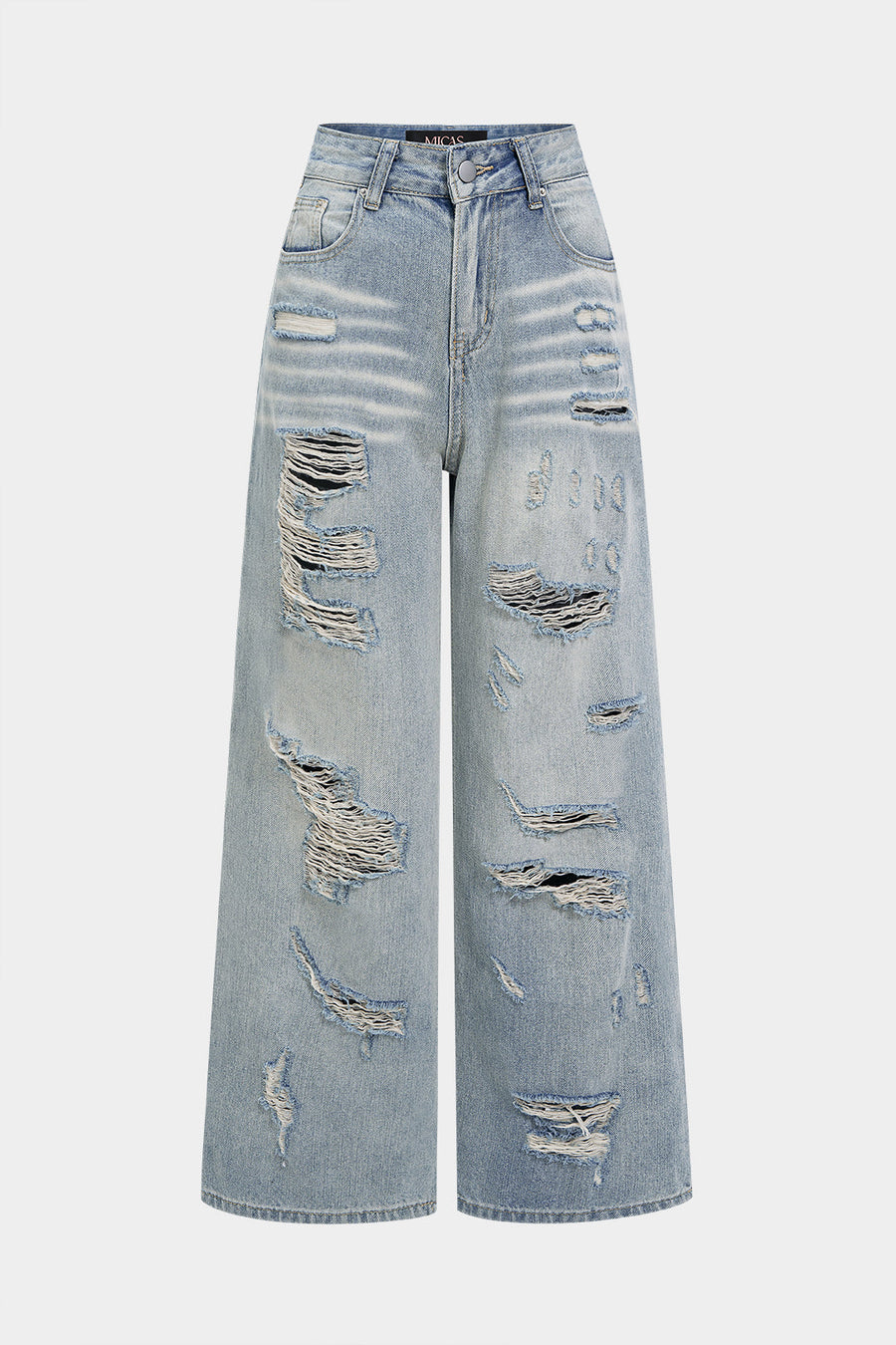 Denimfarkut, epäsymmetriset, repeytyneet, korkeavyötäröiset, suorat lahkeet