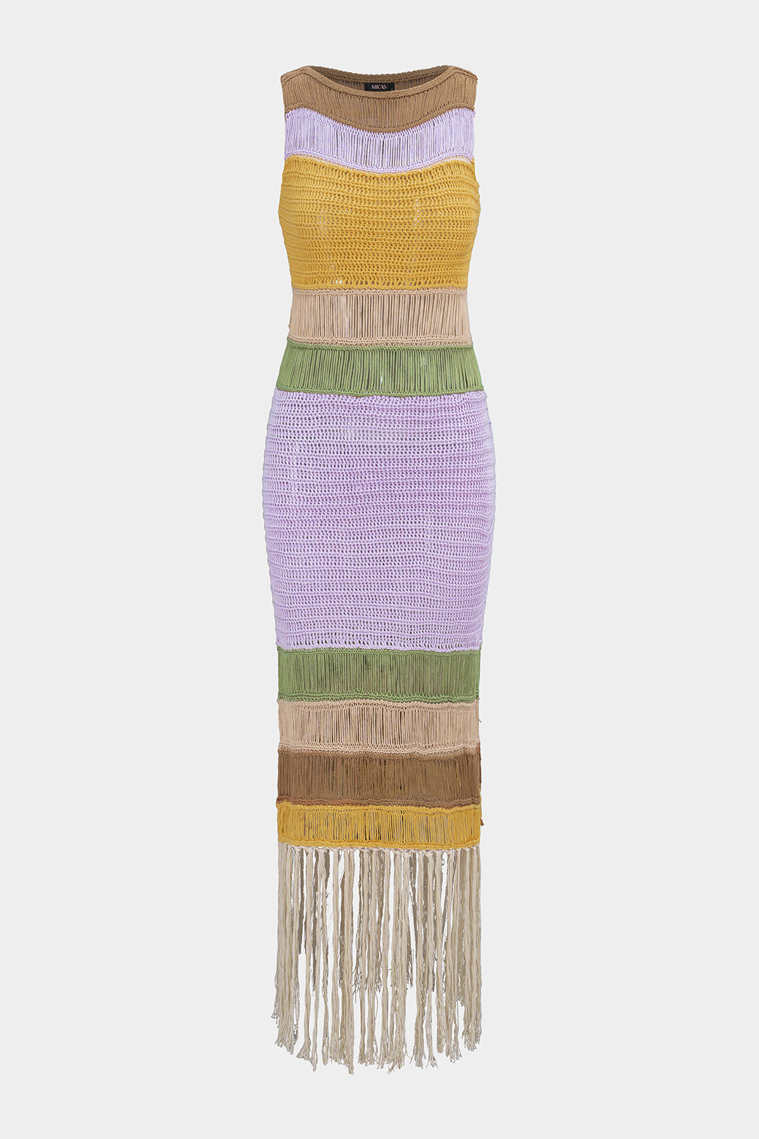 Open Knit Multicolor Round Neck Fringe Sleeveless Midi Dress