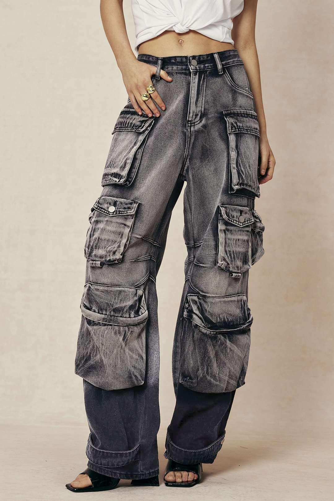 Ombre Multi Pocket Wide Leg Cargo Jeans