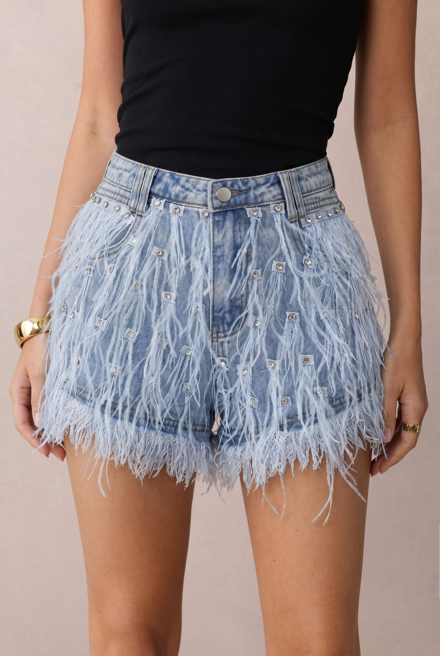 Denim Rhinestone Feather Frayed Wide Leg Shorts