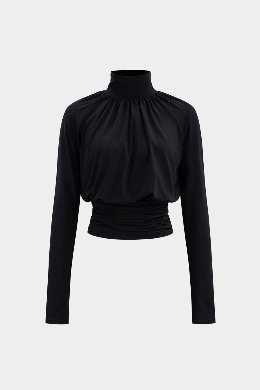Basic Faux Leather High Collar Wrinkled Long Sleeve T-Shirt