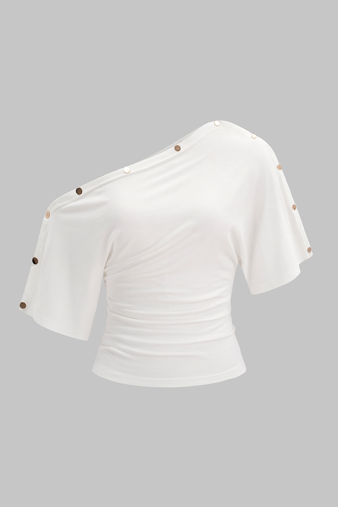 One Shoulder Metallic Button Short Sleeve T-Shirt