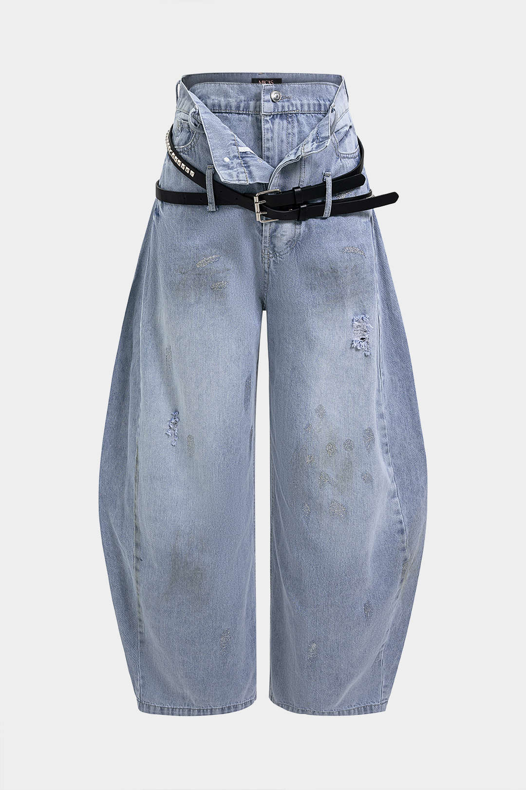 Denim-farkut, vyöllä, kuluneilla reunoilla, korkealla vyötäröllä, vetoketjulla ja leveillä lahkeilla