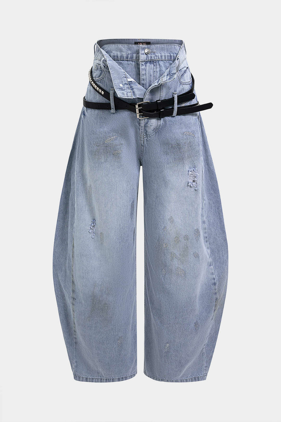 Denim-farkut, vyöllä, kuluneilla reunoilla, korkealla vyötäröllä, vetoketjulla ja leveillä lahkeilla