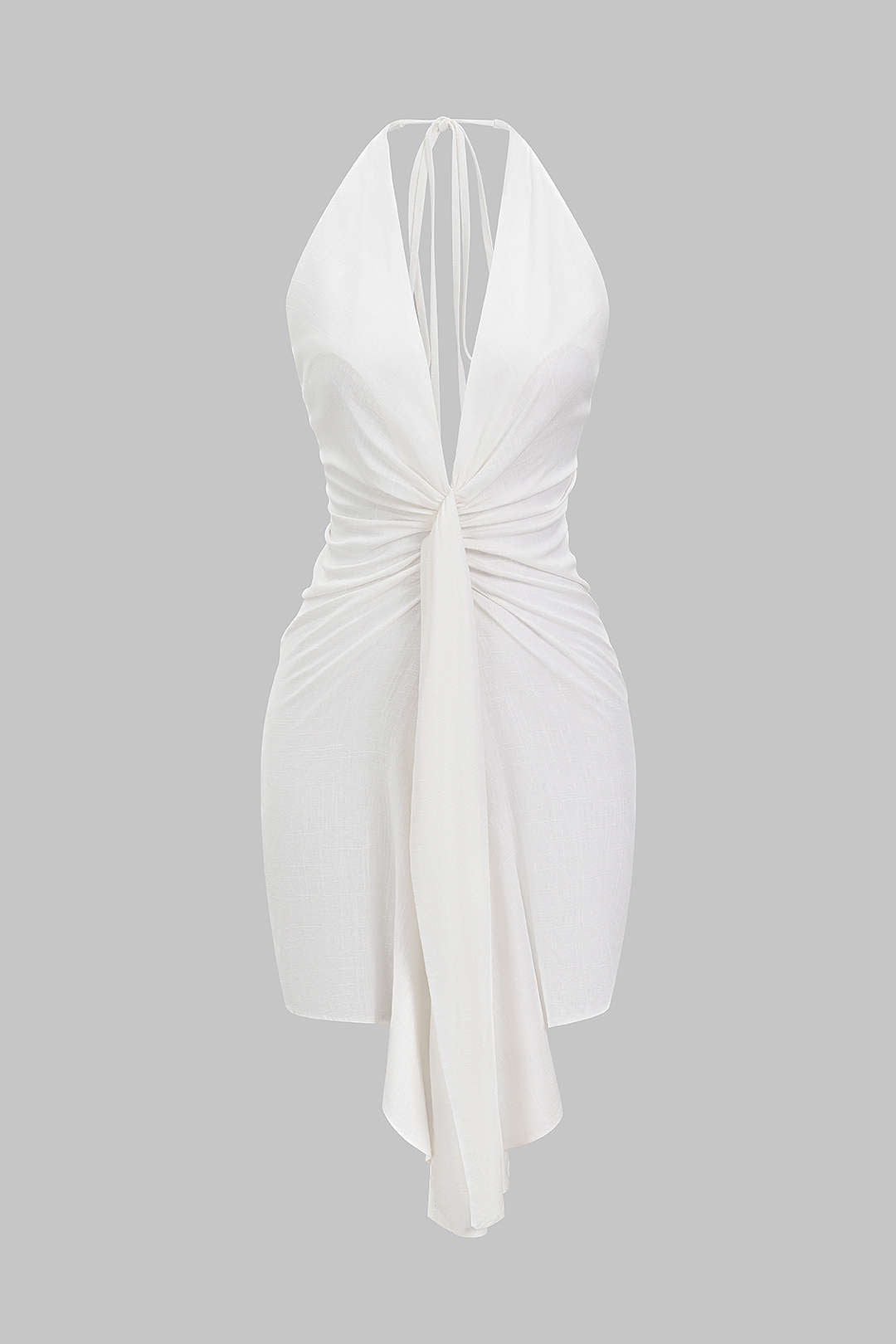 Linen Tie Front V-Neck Halter Neck Ruched Backless Sleeveless Mini Dress