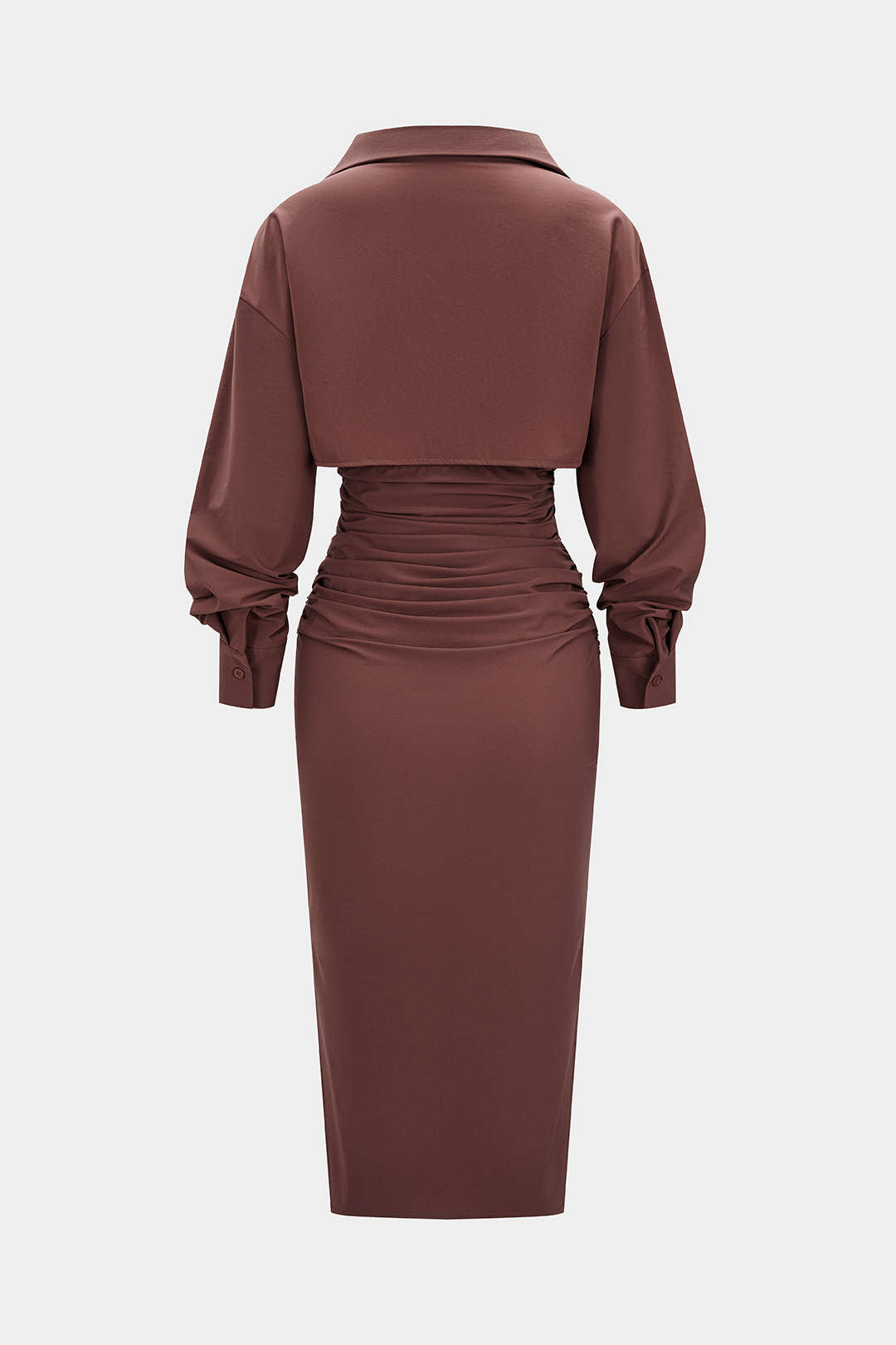 Solid Ruched Long Sleeve Midi Dress