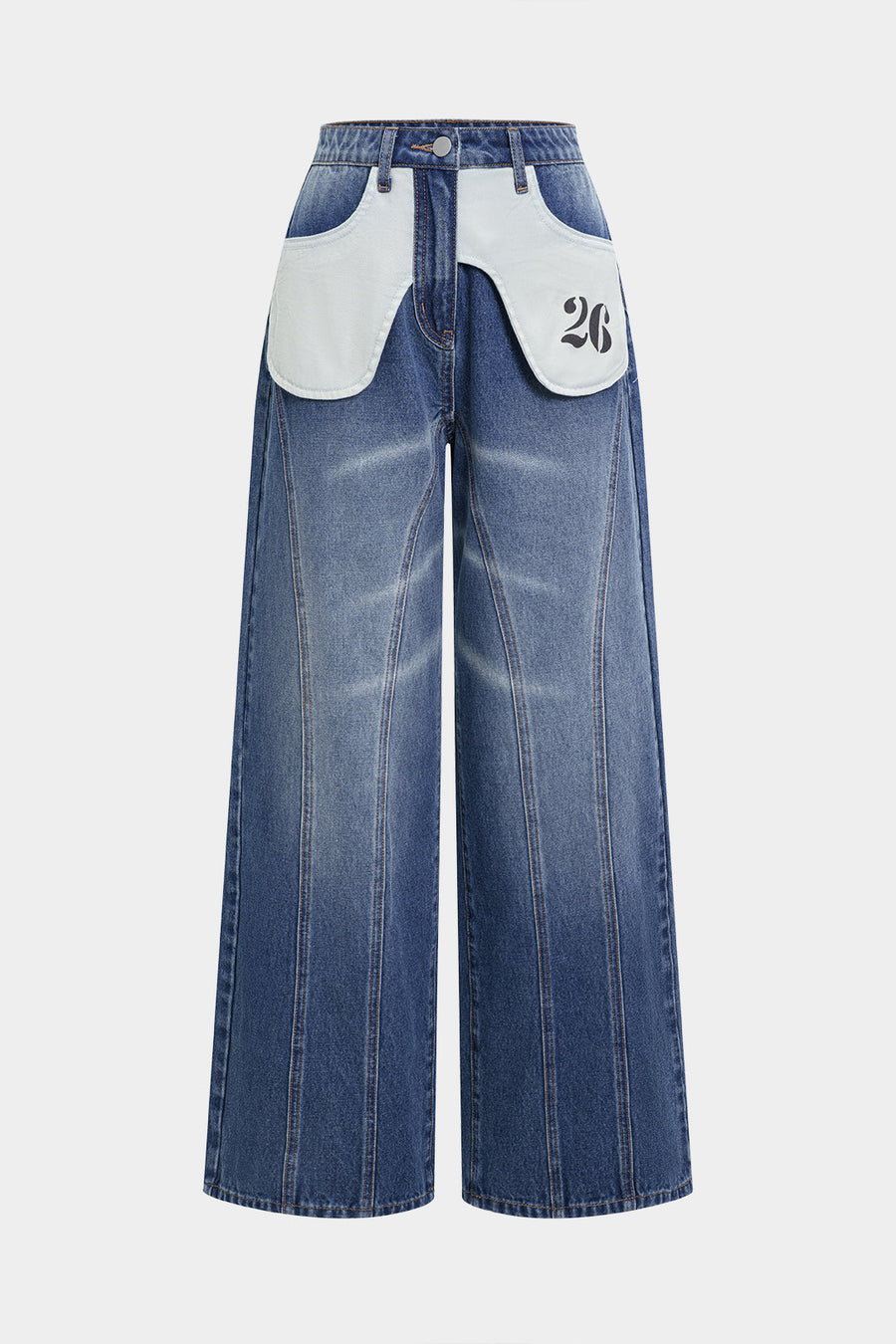 Denim Patchwork High Waist Straight Leg Jeans