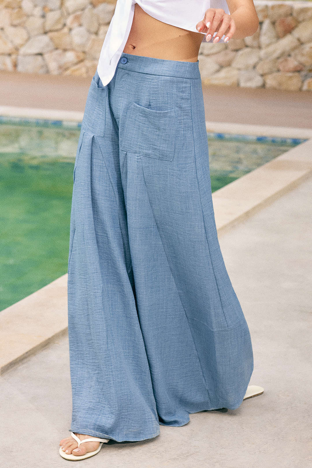 Ruched Zipper Pocket Wide Leg Trousers