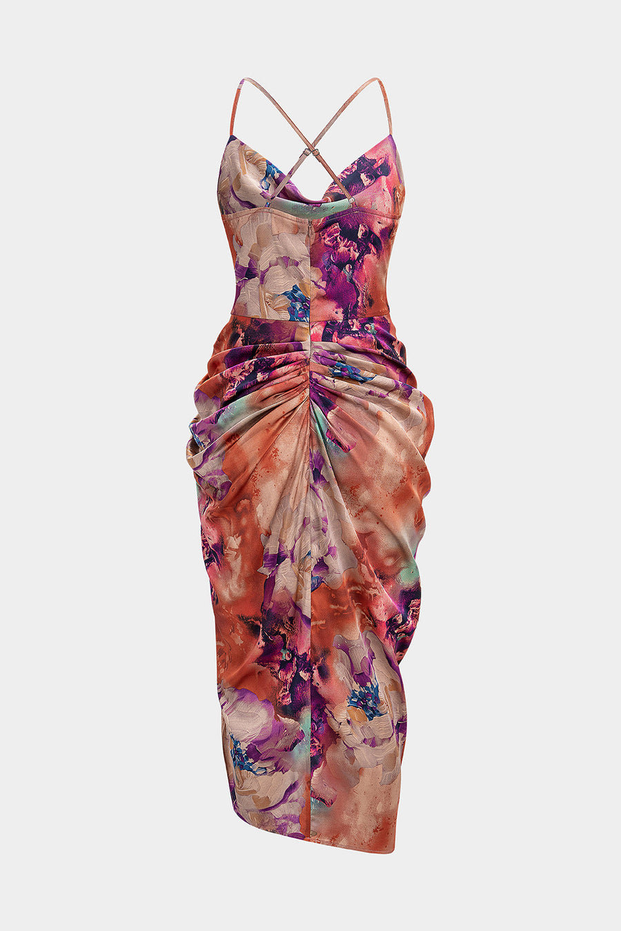 Floral Print Satin Draped Cowl Neck Asymmetrical Ruched Sleeveless Midi Dress