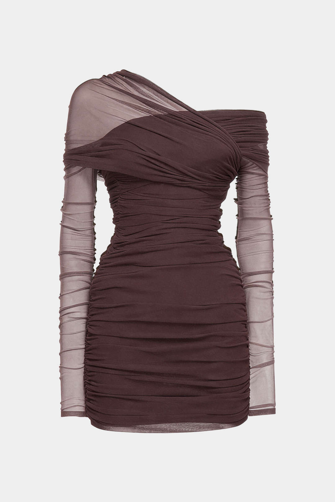 Sheer Mesh One Shoulder Long Sleeve Ruched Mini Dress