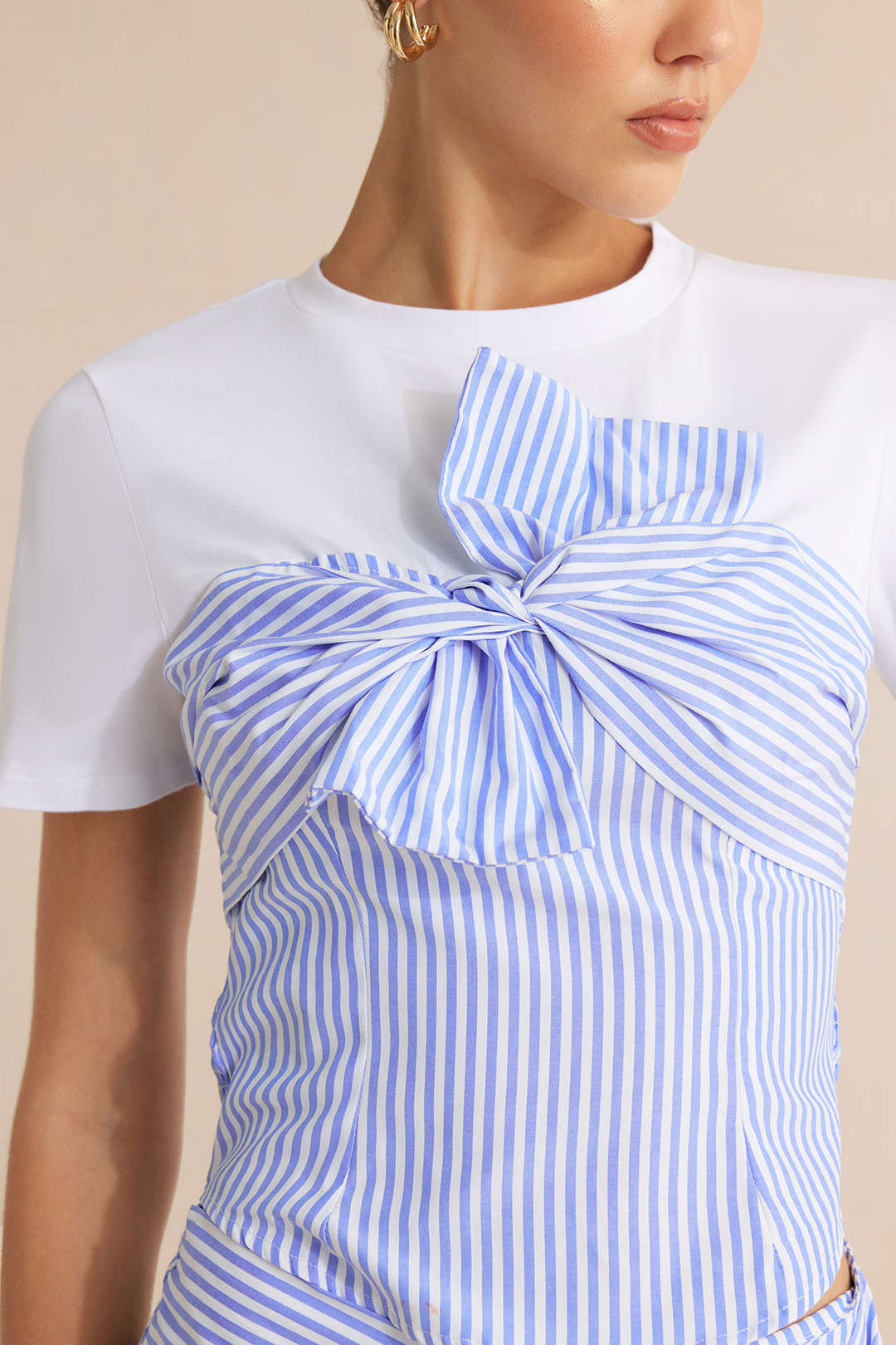 Stripes Print Patchwork Knotted Short Sleeve T-Shirt
