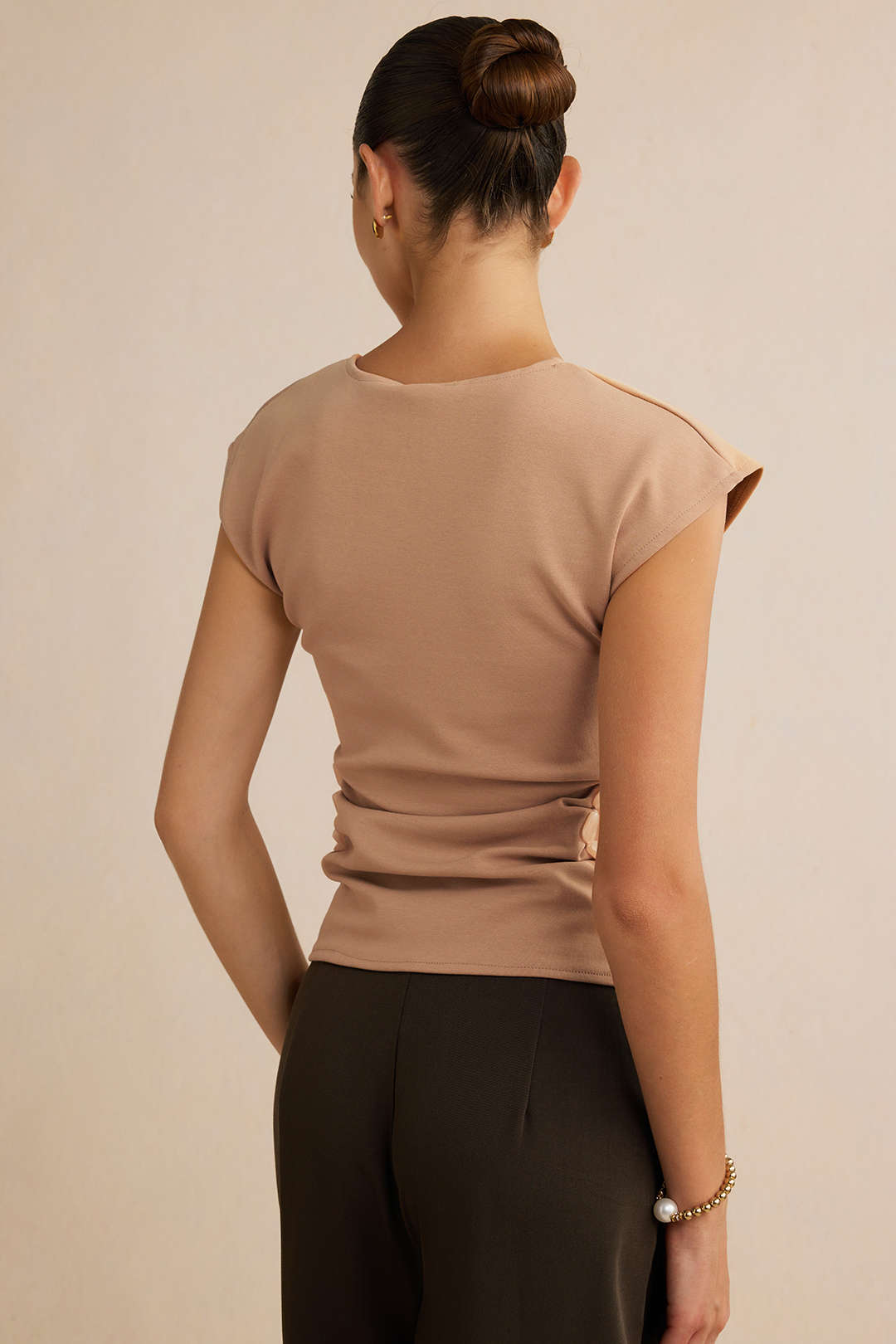 Round Neck Asymmetrical Beaded Cut Out T-Shirt