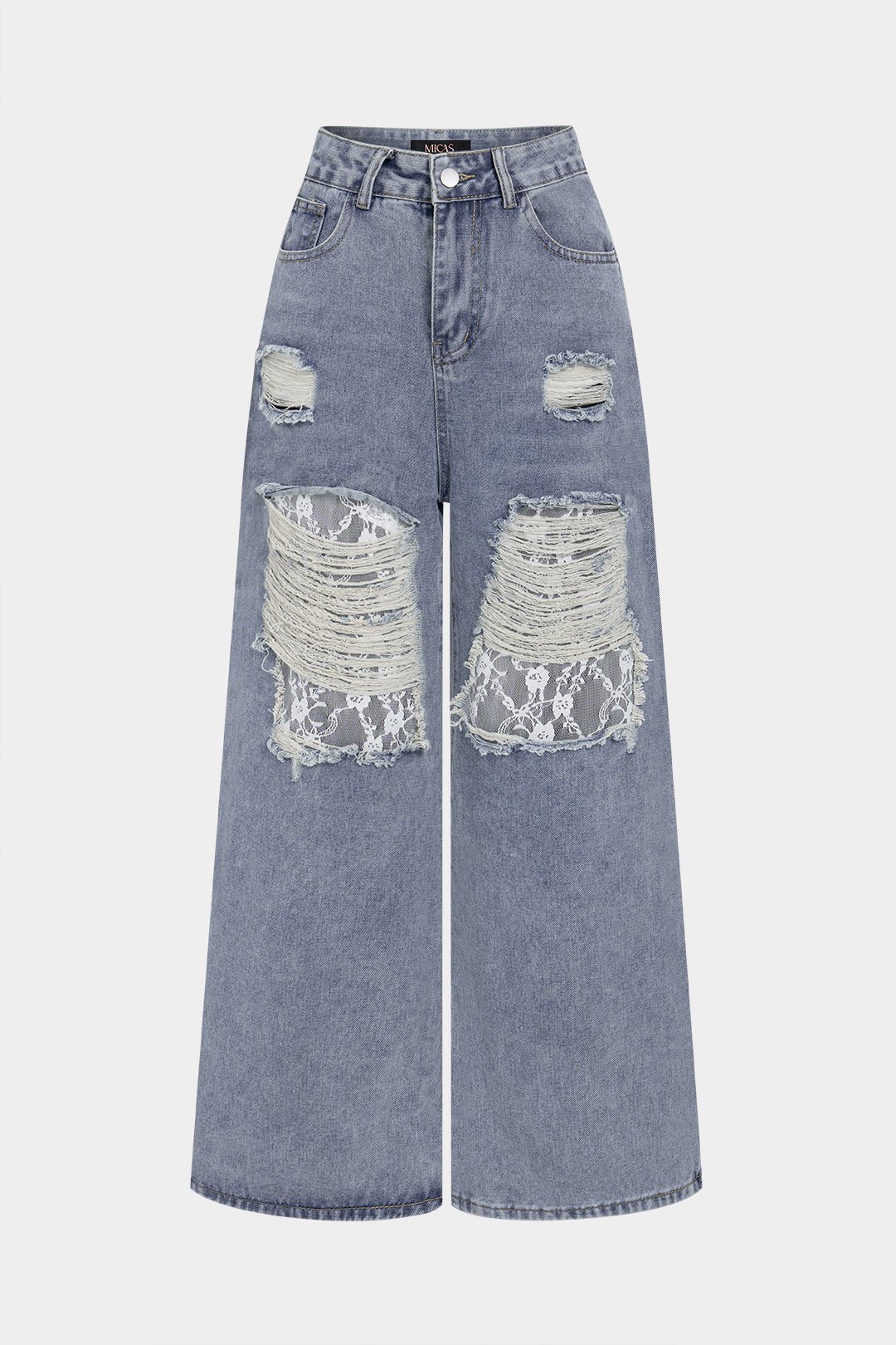 Denim Patchwork Lace Cut Out Frayed Wide Leg Jeans