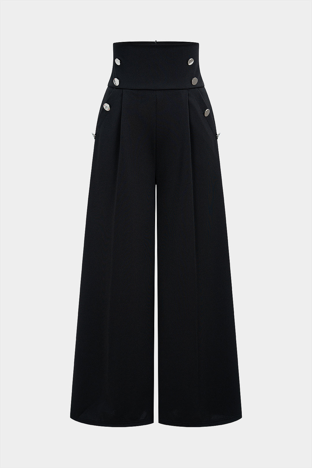 Solid Button High Waist Wide Leg Pants