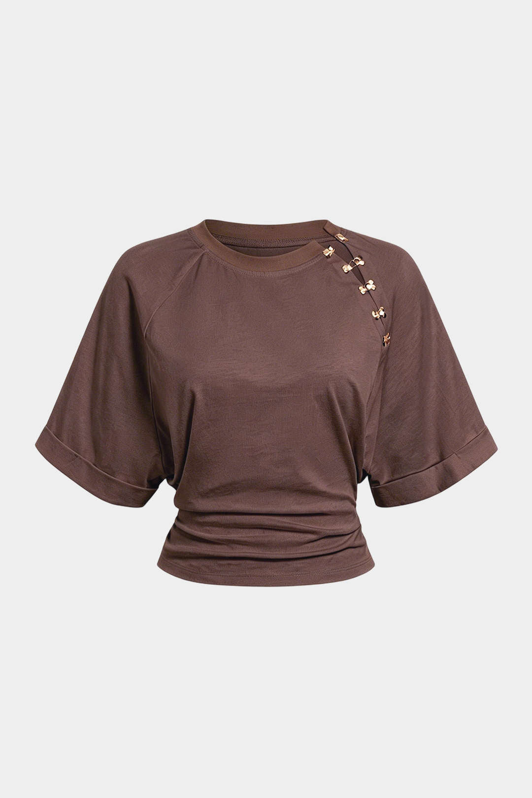 Metallic Buckle Round Neck Short Sleeve T-Shirt