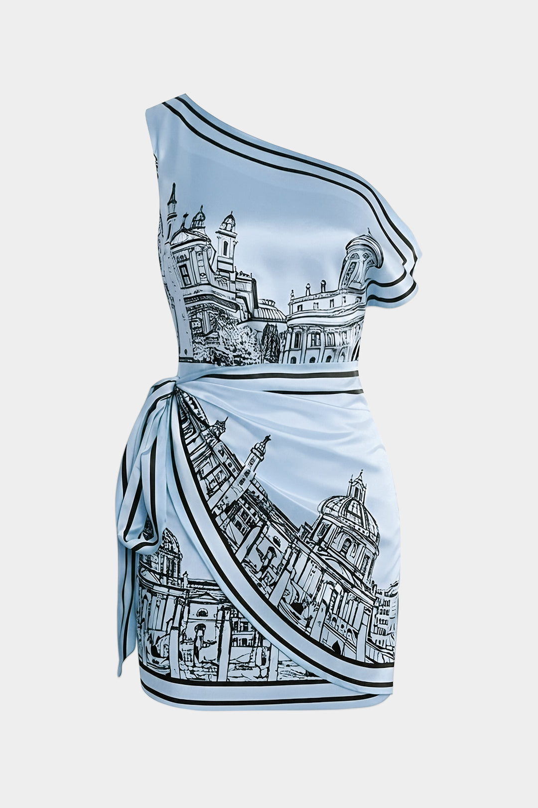 Pattern Print Satin One Shoulder Asymmetrical Tie-Up Sleeveless Midi Dress