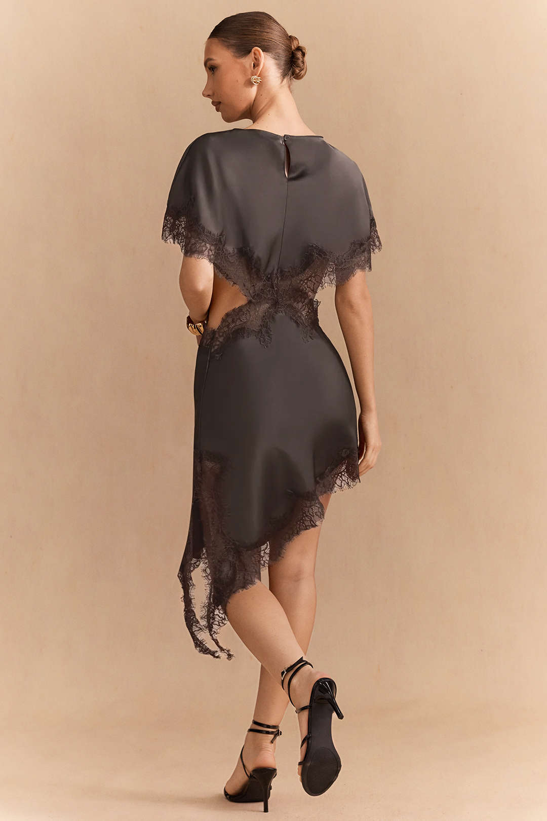 Satin Patchwork Lace Trim Cut Out Short Sleeve Midi Dress