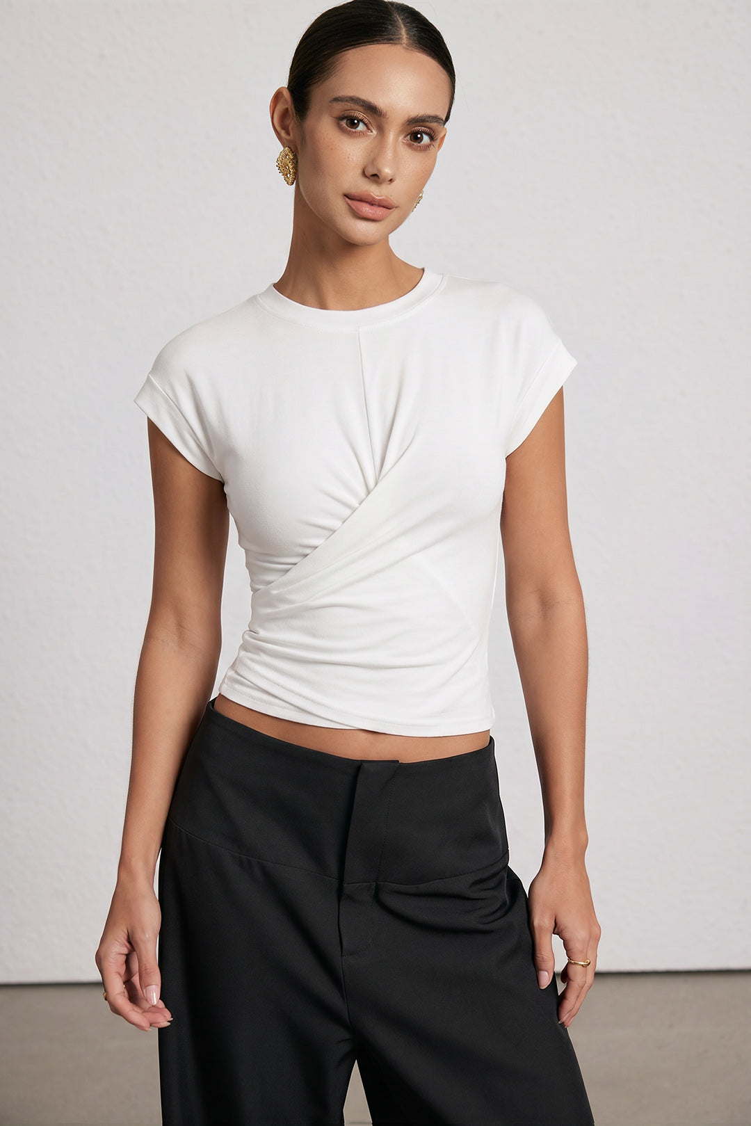 Solid Round Neck Asymmetrical Short Sleeve T-Shirt