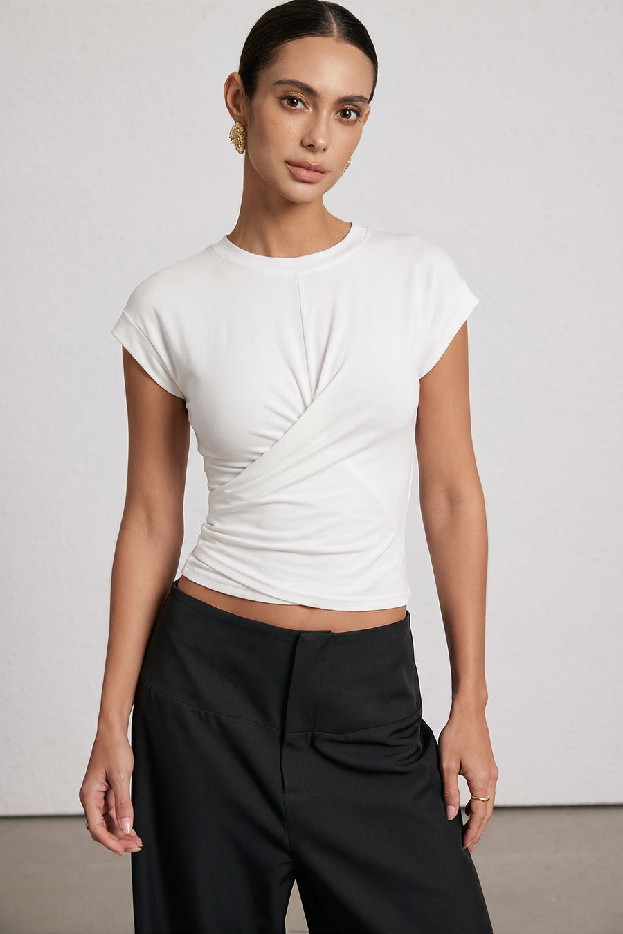 Solid Round Neck Asymmetrical Short Sleeve T-Shirt
