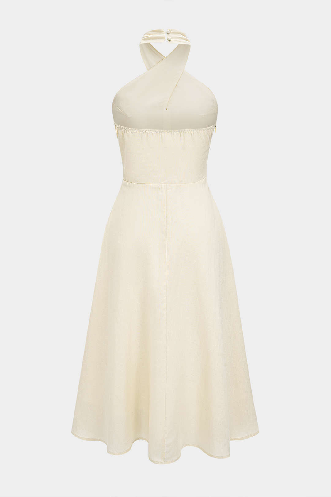 Linen Patchwork Crossed Halter Neck Ruched Sleeveless Midi Dress