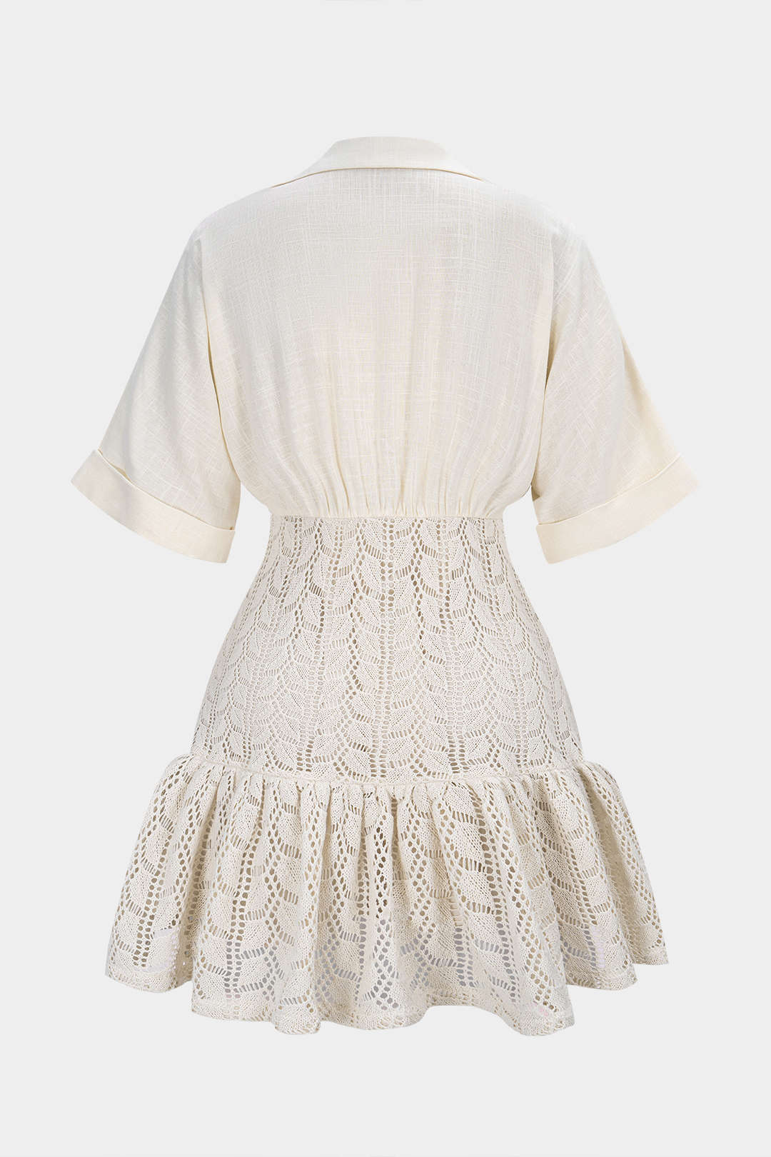 Jacquard Patchwork Linen Ruched V-Neck Short Sleeve Mini Dress