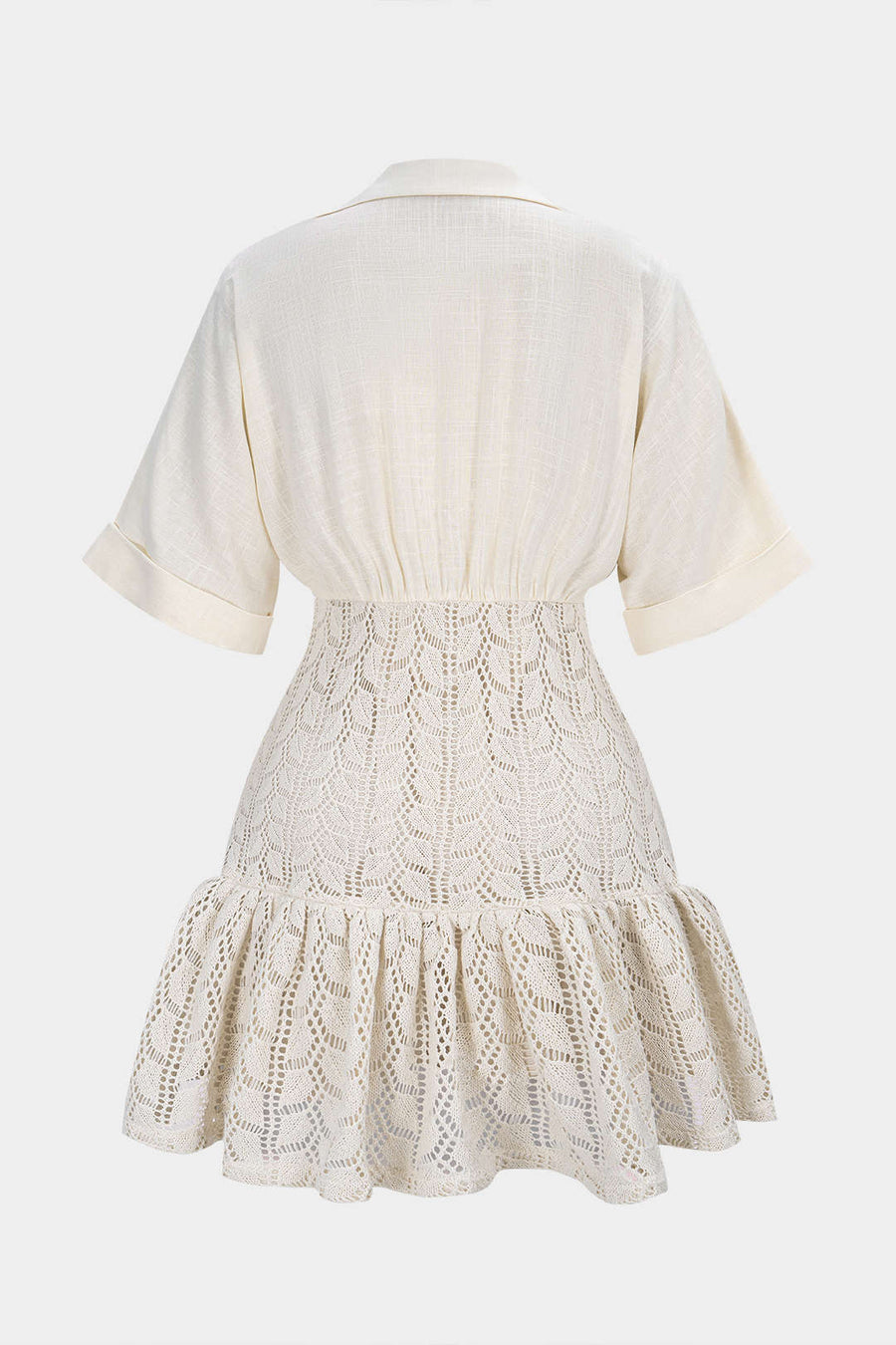 Jacquard Patchwork Linen Ruched V-Neck Short Sleeve Mini Dress