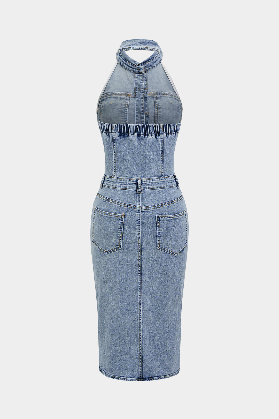 Denim Button Halter Neck Backless Sleeveless Midi Dress