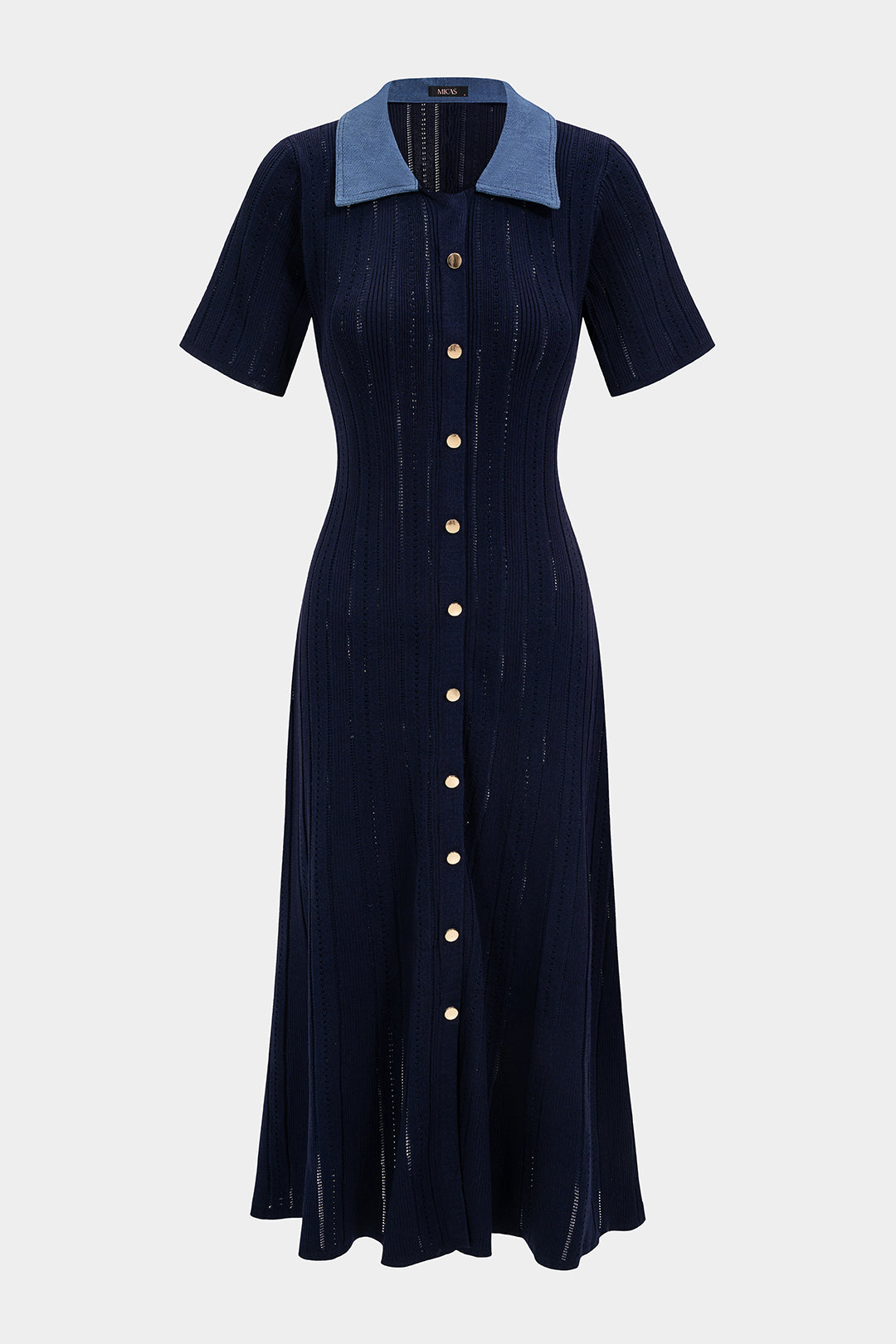 Open Knit Patchwork Denim Lapel Button Short Sleeve Maxi Dress